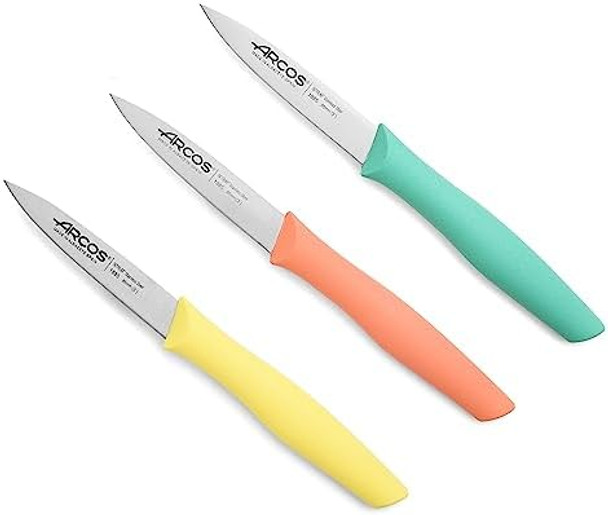 Arcos Paring Knife Set Of 3 Pieces 4 Inch Stainless Steel. Colorful Kitchen Knives For Peeling Fruits And Vegetables. Ergonomic Polypropylene Handle. Series Nova. Color Orange Yellow And Blue.