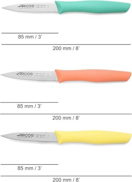 Arcos Paring Knife Set Of 3 Pieces 4 Inch Stainless Steel. Colorful Kitchen Knives For Peeling Fruits And Vegetables. Ergonomic Polypropylene Handle. Series Nova. Color Orange Yellow And Blue.