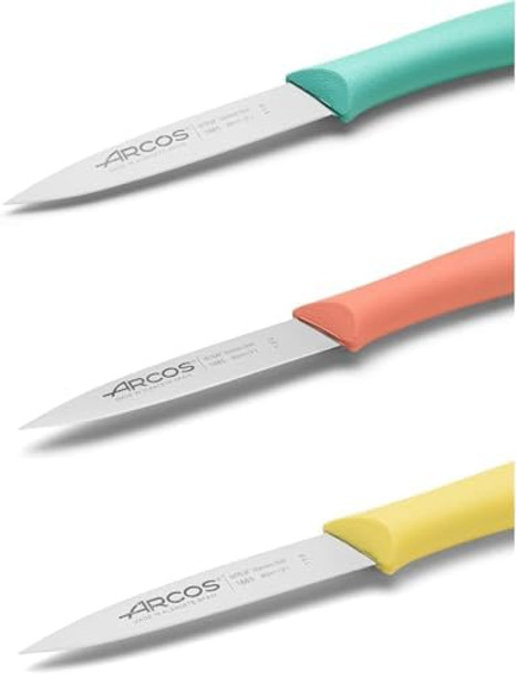 Arcos Paring Knife Set Of 3 Pieces 4 Inch Stainless Steel. Colorful Kitchen Knives For Peeling Fruits And Vegetables. Ergonomic Polypropylene Handle. Series Nova. Color Orange Yellow And Blue.