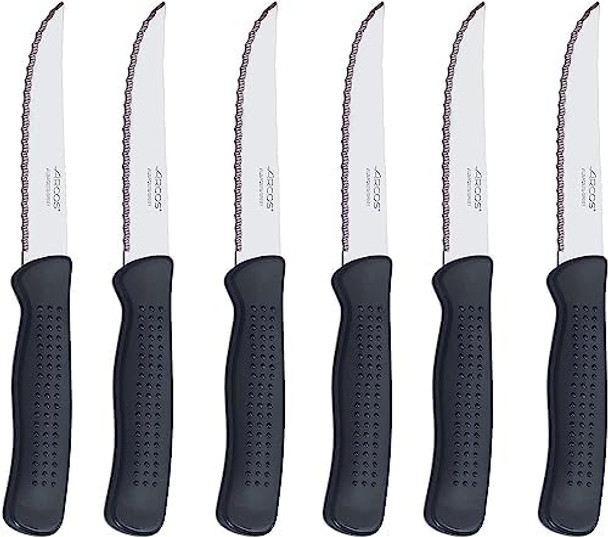 Arcos 4 Inch Steak Knives Set Of 6 Pcs In Nitrum Stainless Steel. Serrated Utility Meat Knife Set. Ergonomic Polypropylene Black Handle. Steak Basics