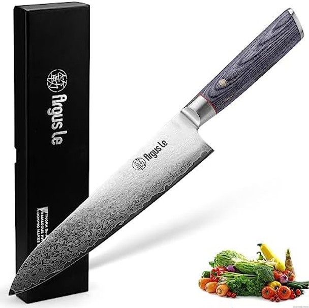 Damascus Chef Knife 8 Inch Stainless Steel Japanese Style Kitchen Knife Vg-10 Damascus Razor Sharp Cooking Chef'S Knives For Meat Vegetable And Home Restaurant With Grey Handle And Box