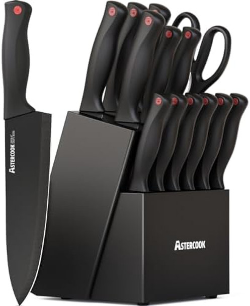 Astercook 15 Piece Knife Set With Sharpener Block - German Stainless Steel Dishwasher Safe Kitchen Knives With Built-In Sharpener Black Astercook 15 Piece Knife Set With Sharpener Block - German Stainless Steel Dishwasher Safe Kitchen Knives With Built-In Sharpener Black