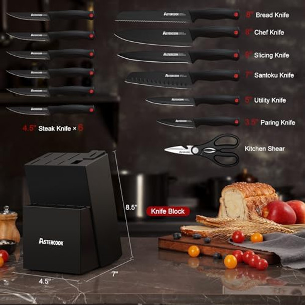 Astercook 15 Piece Knife Set With Sharpener Block - German Stainless Steel Dishwasher Safe Kitchen Knives With Built-In Sharpener Black Astercook 15 Piece Knife Set With Sharpener Block - German Stainless Steel Dishwasher Safe Kitchen Knives With Built-In Sharpener Black