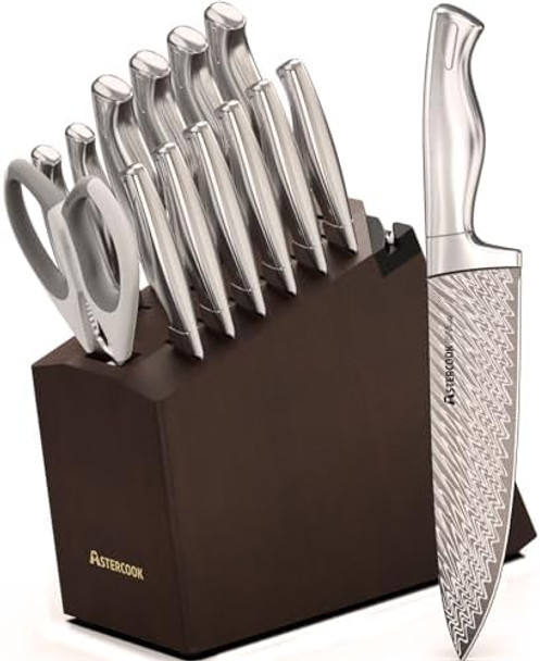 Knife Set Astercook 15 Pcs Knife Sets For Kitchen With Block Dishwasher Safe Kitchen Knife Set With Built-In Sharpener German Stainless Steel Knife Block Set