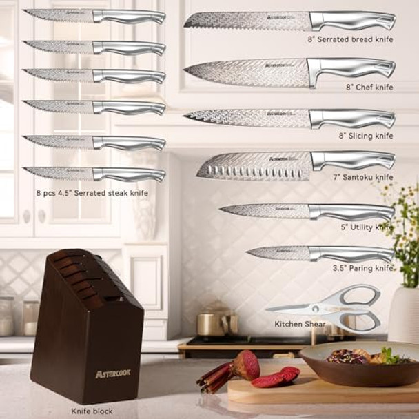 Knife Set Astercook 15 Pcs Knife Sets For Kitchen With Block Dishwasher Safe Kitchen Knife Set With Built-In Sharpener German Stainless Steel Knife Block Set