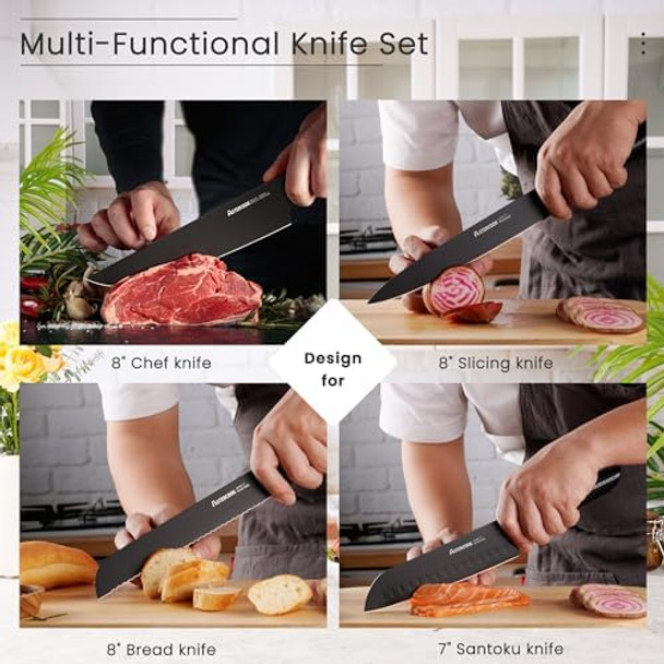 Knife Set 15 Pieces Chef Knife Set With Block For Kitchen German Stainless Steel Knife Block Set Dishwasher Safe Elegant Black