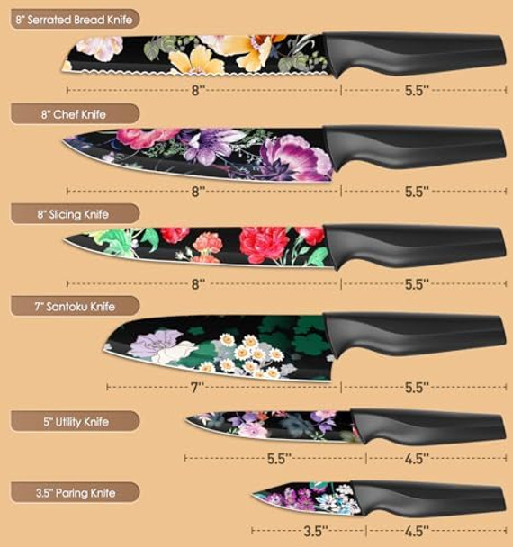 Astercook Knife Set 12-Piece Flower Kitchen Knives Sets With Blade Guards Dishwasher Safe German High Carbon Stainless Steel Perfect s For Kitchen