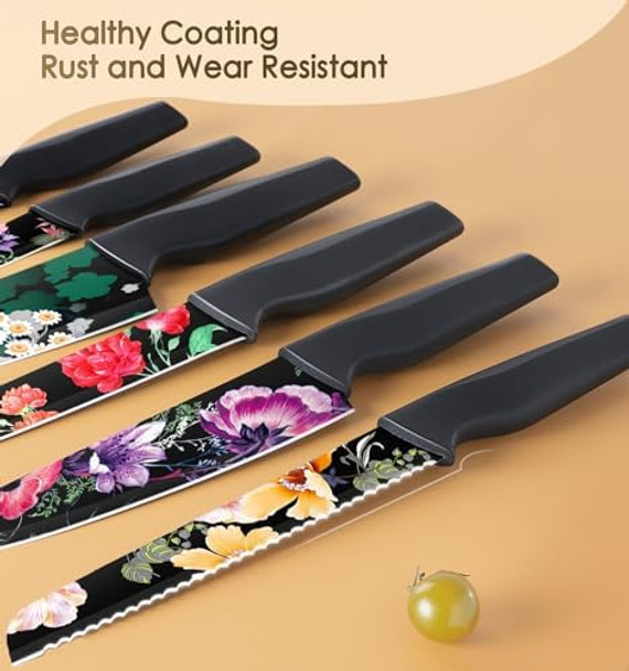 Astercook Knife Set 12-Piece Flower Kitchen Knives Sets With Blade Guards Dishwasher Safe German High Carbon Stainless Steel Perfect s For Kitchen