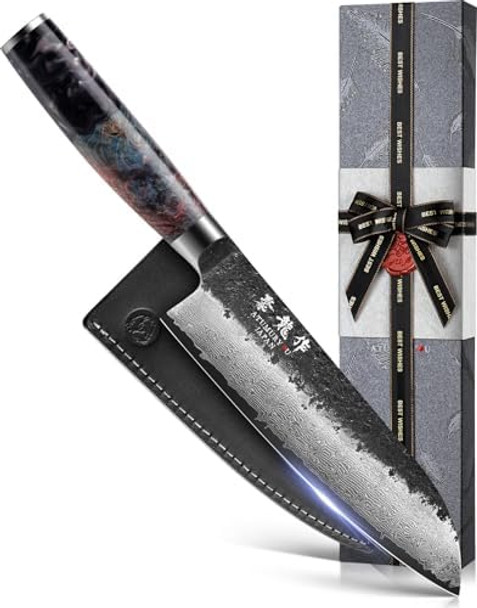 7 Inch Japanese Chef Knife 67 Layers Damascus Chef Knife With Vg10 Steel Core Professional Santoku Kitchen Knives With Ergonomic Handle Leather Sheath & Luxury Box Cooking Gitfs For Men Women
