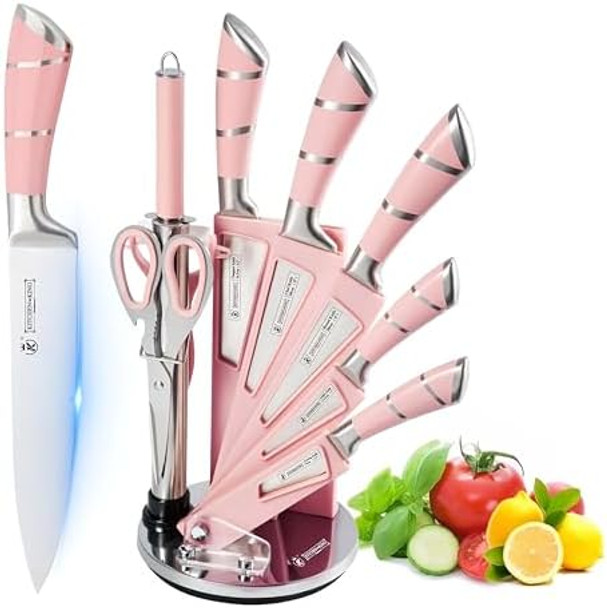 Kitchen Knife Set9-Piece Pink Chef Knife Sets With Acrylic Block Non-Stick Coated Stainless Steel Knives Set For Kitchen For Women Girlsergonomic Handle Design