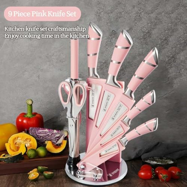 Kitchen Knife Set9-Piece Pink Chef Knife Sets With Acrylic Block Non-Stick Coated Stainless Steel Knives Set For Kitchen For Women Girlsergonomic Handle Design