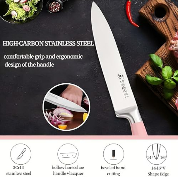 Kitchen Knife Set9-Piece Pink Chef Knife Sets With Acrylic Block Non-Stick Coated Stainless Steel Knives Set For Kitchen For Women Girlsergonomic Handle Design