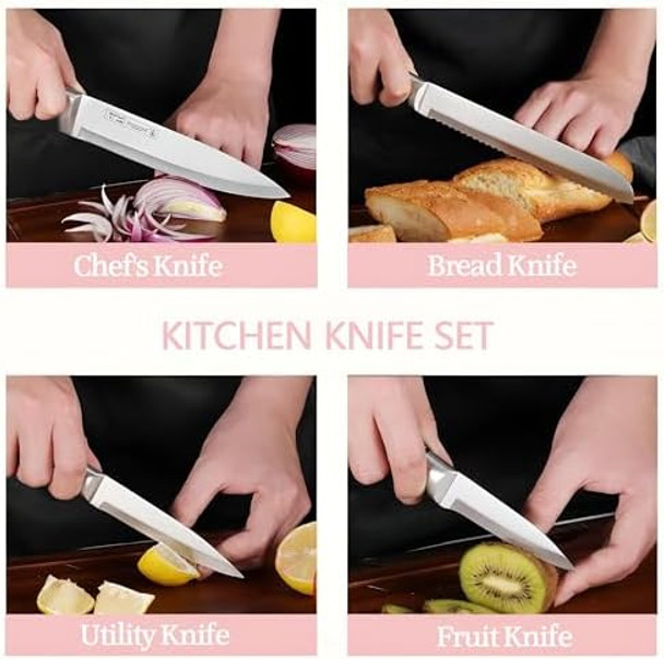 Kitchen Knife Set9-Piece Pink Chef Knife Sets With Acrylic Block Non-Stick Coated Stainless Steel Knives Set For Kitchen For Women Girlsergonomic Handle Design
