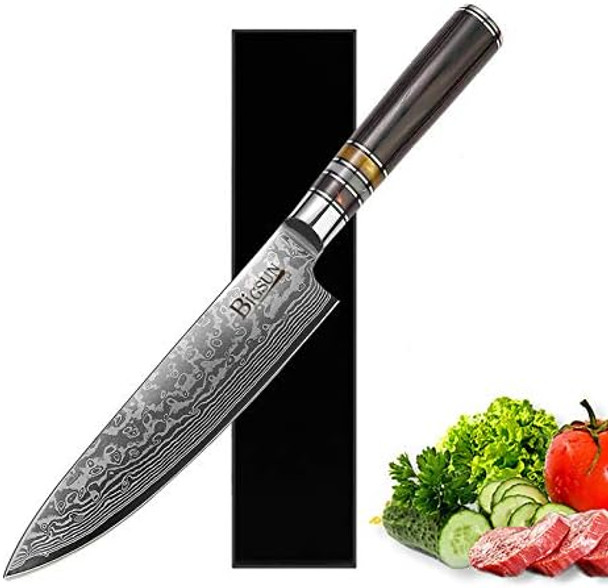 Bigsun Chef Gyutou Knife 67 Layers Vg 10 Forged High Carbon Damascus Steel Kitchen Cooking Knives With Resin Honeycomb Design Handle (8 Inch Chef Knife Brown)