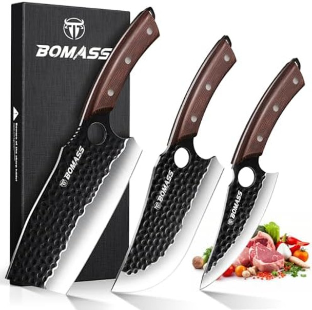 Meat Cleaver Butcher Knife Set Of 3 Hand Forged Santoku Knife Kitchen Knives Set High Carbon Steel Boning Knives For Meat Cutting With Roll Bag & Accessories Kitchen Bbq For Men