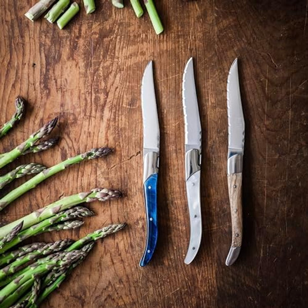 Bon Chef Laguiole Steak Knife Set 12-Piece Stainless Steel Steak Knives With Blue Acrylic Handle Durable & Elegant Design