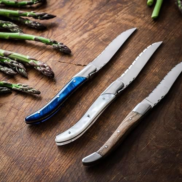 Bon Chef Laguiole Steak Knife Set 12-Piece Stainless Steel Steak Knives With Blue Acrylic Handle Durable & Elegant Design