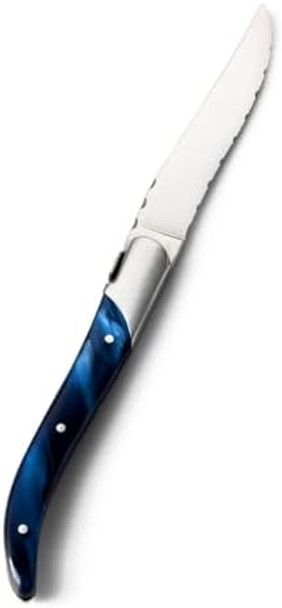 Bon Chef Laguiole Steak Knife Set 12-Piece Stainless Steel Steak Knives With Blue Acrylic Handle Durable & Elegant Design