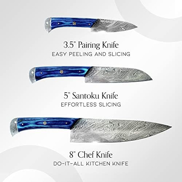 3-Piece Knives Set For Kitchen Damascus Chef Knife Set With Professional Chef Knife Santoku Knife & Paring Knife Traditional Kitchen Knifes With Blue Pakkawood Handles s For Chefs