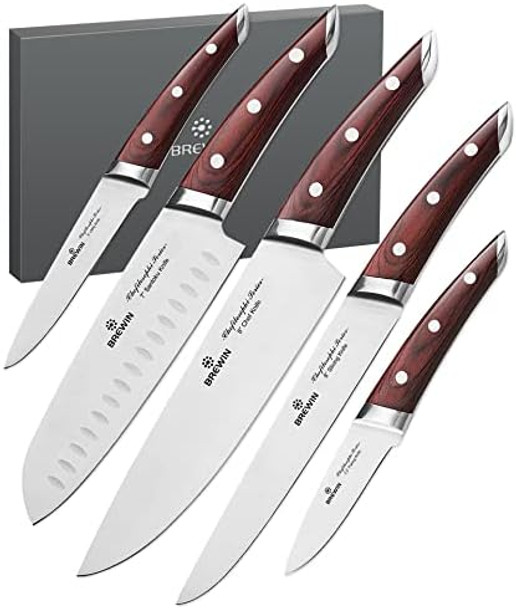 Brewin Chefilosophi Japanese Chef Knife Set 5 Pcs With Elegant Red Pakkawood Handle Ergonomic Designprofessional Ultra Sharp Kitchen Knives For Cooking High Carbon Stainless Steel