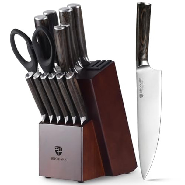 15 Piecs Knife Block Set: Ultra Sharp Kitchen Knife Set With Block And Sharpener German Stainless Steel Professional Chef Knife Set With Ergonomic Handle Full Tang Design