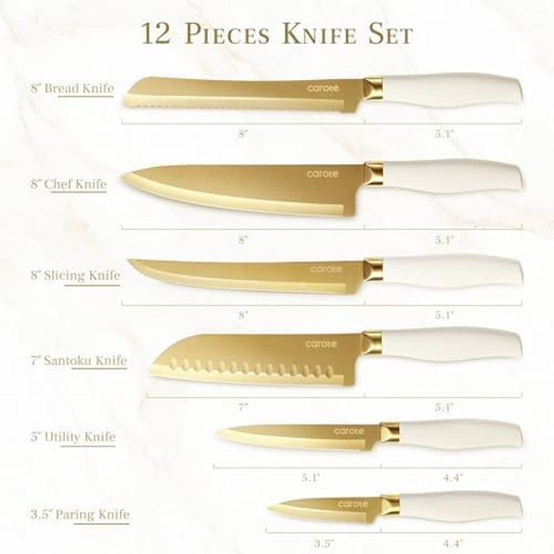 Carote 12Pcs Kitchen Knife Set Healthy Gold Titanium Coating Knife Set Dishwasher Safe With 6 Blade Guards Rustproof Stainless Steel Cutlery Set White And Gold
