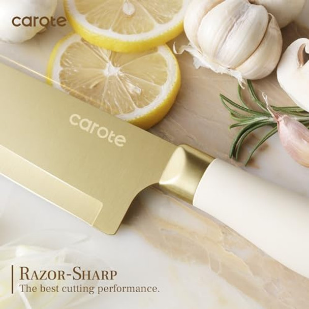 Carote 12Pcs Kitchen Knife Set Healthy Gold Titanium Coating Knife Set Dishwasher Safe With 6 Blade Guards Rustproof Stainless Steel Cutlery Set White And Gold