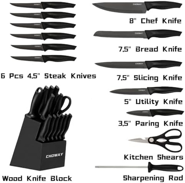 Knife Set 14 Pieces Kitchen Knife Set With Block High Carbon Stainless Steel Knife Block Set Dishwasher Safe Cutlery Black