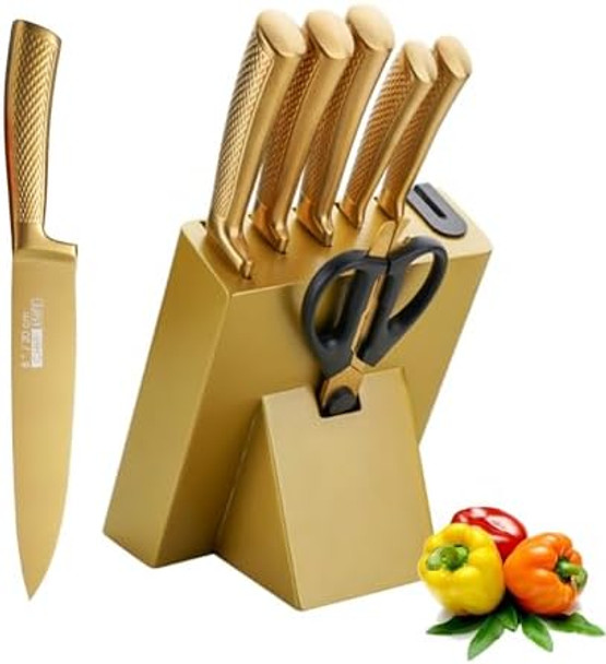Gold Kitchen Knife Set,8-Piece Titanium Coated Gold Knife Block Setswooden Block With Built-In Sharpenerdishwasher Safe Chef Knife Set Gold Kitchen Knife Set,8-Piece Titanium Coated Gold Knife Block Setswooden Block With Built-In Sharpenerdishwasher Safe Chef Knife Set