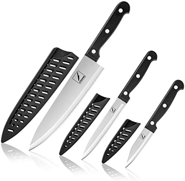 Kitchen Knife 3-Pcs Knife Set With Sheath 8 Inch Chef Knife 4.5 Inch Utility Knife 4 Inch Paring Chef Knife Stainless Steel Black