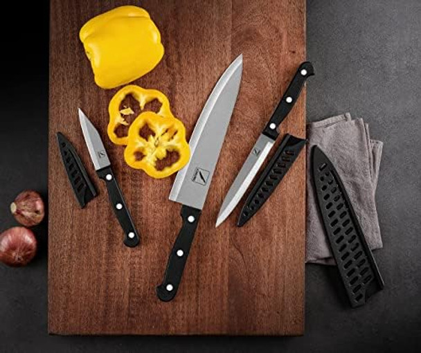 Kitchen Knife 3-Pcs Knife Set With Sheath 8 Inch Chef Knife 4.5 Inch Utility Knife 4 Inch Paring Chef Knife Stainless Steel Black