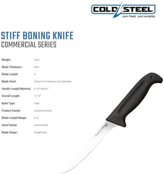 Cold Steel Commercial Series 6" Stiff German 4116 Stainless Steel Fixed Blade Narrow Straight Back Game & Fish Processing Cutting Boning Knife With Ergonomic Kray-Ex Handle