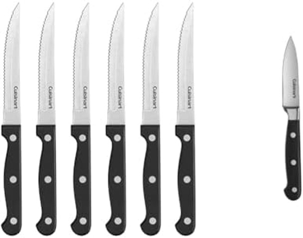 Cusinart Knife Set 6Pc Steak Knife Set With Steel Blades For Precise Cutting Lightweight Stainless Steel & Durable C77Tr-6Psk & C77Tr-3Pr Triple Rivet Collection 3.5" Paring Knife Black