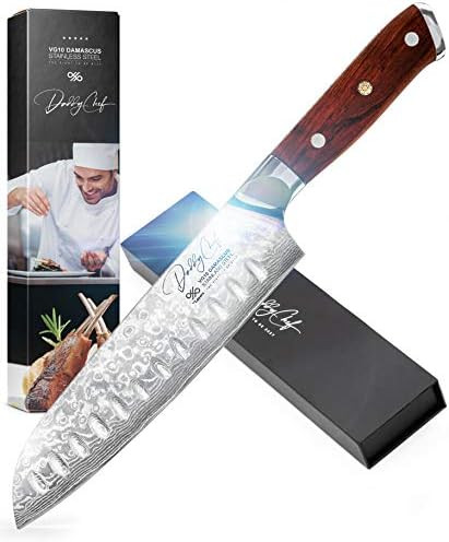 Damascus Santoku Knife - Bunka Bocho 7" Japanese Vg10 67 Layer Stainless Steel Kitchen Granton Edge Professional And Home - Carving Fillet Chef'S Knives Ergonomic G10 Wood Handle