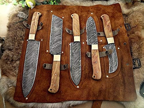 5 Pieces Chef Knives Set Chef Knife Santoku Knife Peel Knife Vegetable Knife Overall 54 Inches Full Tang Hand Forged Damascus Steel Blade Custom Made Leather Sheath