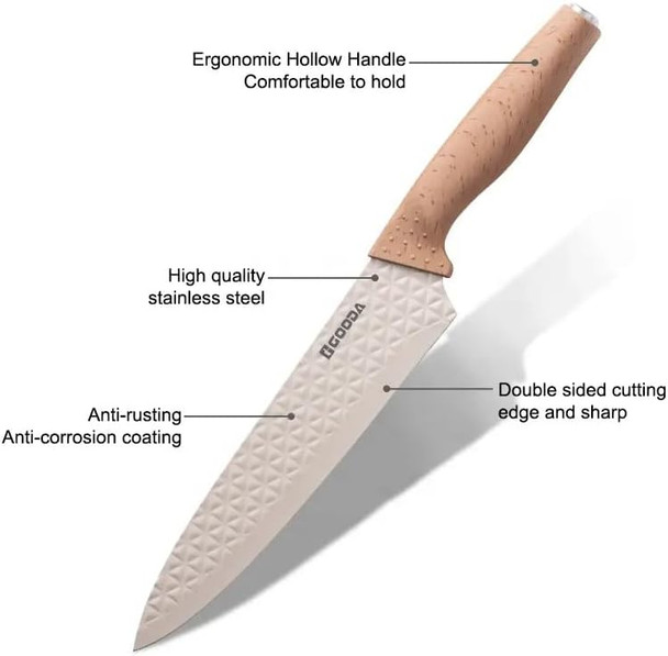 Kitchen Knife Set With Block 6 Piece Non-Stick Stainless Steel Knife Block Set Ergonomic Pp & Wood Grain Handles Universal Knife Block - Chef Cooking Knives Set For Kitchen (Khaki)
