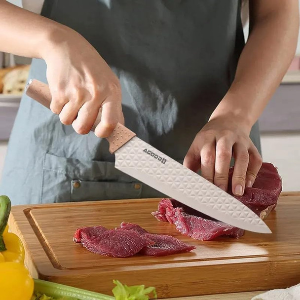Kitchen Knife Set With Block 6 Piece Non-Stick Stainless Steel Knife Block Set Ergonomic Pp & Wood Grain Handles Universal Knife Block - Chef Cooking Knives Set For Kitchen (Khaki)