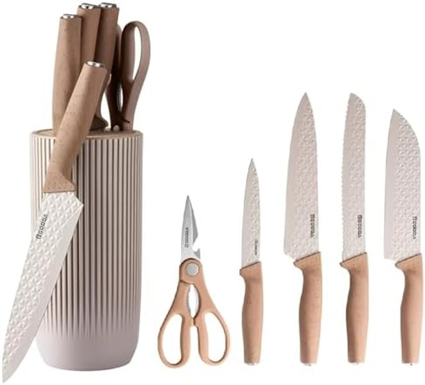 Kitchen Knife Set With Block 6 Piece Non-Stick Stainless Steel Knife Block Set Ergonomic Pp & Wood Grain Handles Universal Knife Block - Chef Cooking Knives Set For Kitchen (Khaki) Kitchen Knife Set With Block 6 Piece Non-Stick Stainless Steel Knife Block Set Ergonomic Pp & Wood Grain Handles Universal Knife Block - Chef Cooking Knives Set For Kitchen (Khaki)