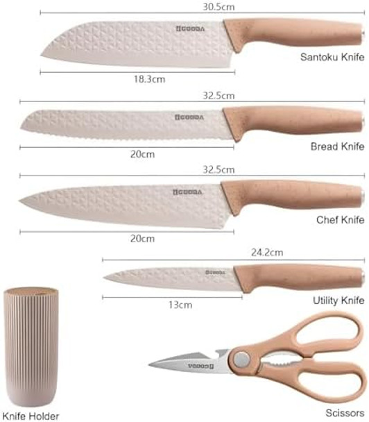 Kitchen Knife Set With Block 6 Piece Non-Stick Stainless Steel Knife Block Set Ergonomic Pp & Wood Grain Handles Universal Knife Block - Chef Cooking Knives Set For Kitchen (Khaki) Kitchen Knife Set With Block 6 Piece Non-Stick Stainless Steel Knife Block Set Ergonomic Pp & Wood Grain Handles Universal Knife Block - Chef Cooking Knives Set For Kitchen (Khaki)