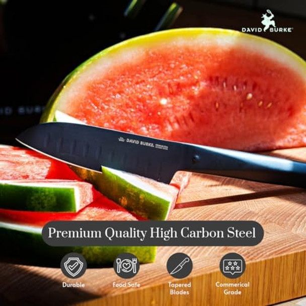 David Burke 7-Piece Black Knife Set With Acrylic Block - Sleek & Stylish Commercial Grade Coated Carbon Steel Cutlery