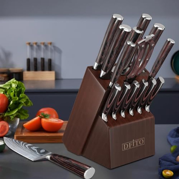 Dfito Knife Block Set15 Pcs Knife Set With Block And Sharpenerhigh Carbon Stainless Steel Sharp Blade Kitchen Knivies Set With Ergonomic Handlesteak Knives With Blockdishwasher Safe Knife Set