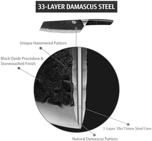 Professional Damascus Kitchen Knife High Carbon Stainless Steel Pakkawood Handle Black Oxide Hammered 7 Inch Bunka Knife And 5 Inch Utility Knife
