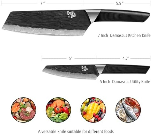 Professional Damascus Kitchen Knife High Carbon Stainless Steel Pakkawood Handle Black Oxide Hammered 7 Inch Bunka Knife And 5 Inch Utility Knife