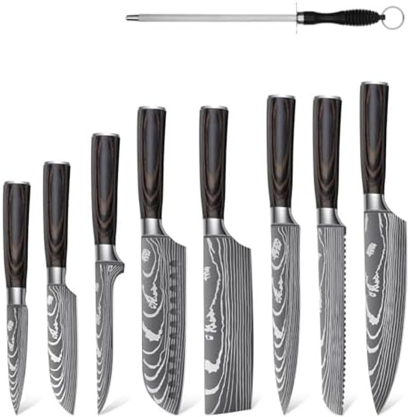 Dragon Roit Japanese Knives Set Damascus Pattern Chef Knife Set For Kitchen With Bag Sharp 14Pcs Stainless Kitchen Knife Set Brown Handle
