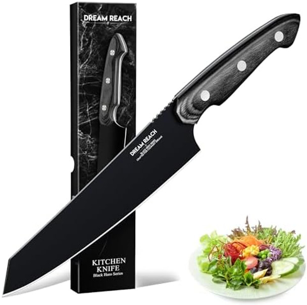 Dream Reach Kiritsuke Chef Knife - High Carbon Steel Sharp Kitchen Knife With Full Tang Handle Hand Forged Black Cooking Knives For Birthday Mother Father