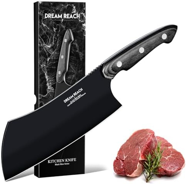 Dream Reach Meat Cleaver Knife- Full Tang Hand Forged Black Butcher Knife For Kitchen Bbq Birthday Mother Father