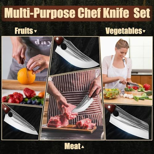 Kitchen Knife Set Hand Forged Chef Knife Set With Full Tang Wood Handle Meat Cutting Full Tang Chef Knife With Belt Sheath And Box High Carbon Steel Knife For Kitchen Or Camping For Dad