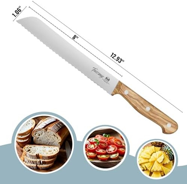 8 Inch Serrated Bread Knife – Sharp Stainless Steel Blade With Olive Wood Handle – Full Tang Kitchen Knife For Sourdough Bagels & Artisan Sandwiches