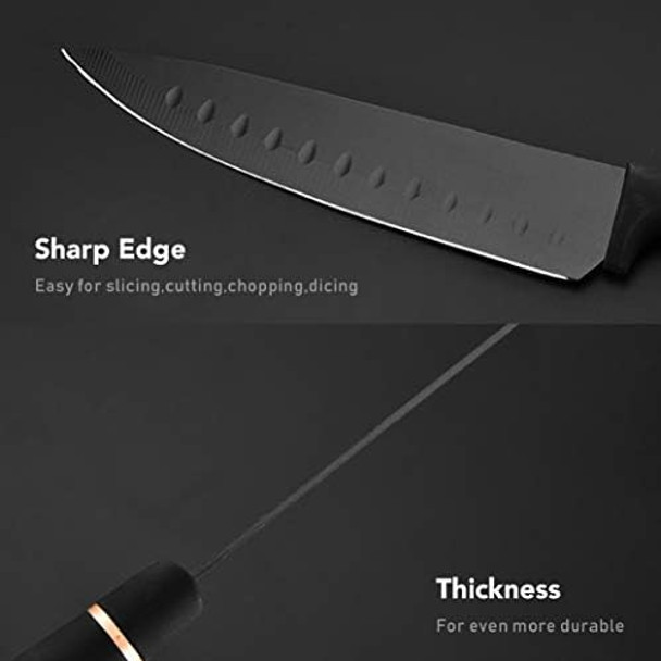 Elabo 5 Pieces Black Kitchen Knife Set - Stainless Steel Non Stick Coating Knives Includes 6'' Chef Knife 7'' Santoku Knife 7" Slicer Knife 5''Utility Knife And Ceramics Peeler Rose Gold