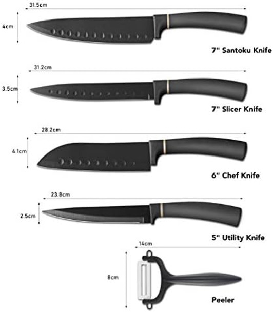 Elabo 5 Pieces Black Kitchen Knife Set - Stainless Steel Non Stick Coating Knives Includes 6'' Chef Knife 7'' Santoku Knife 7" Slicer Knife 5''Utility Knife And Ceramics Peeler Rose Gold Elabo 5 Pieces Black Kitchen Knife Set - Stainless Steel Non Stick Coating Knives Includes 6'' Chef Knife 7'' Santoku Knife 7" Slicer Knife 5''Utility Knife And Ceramics Peeler Rose Gold